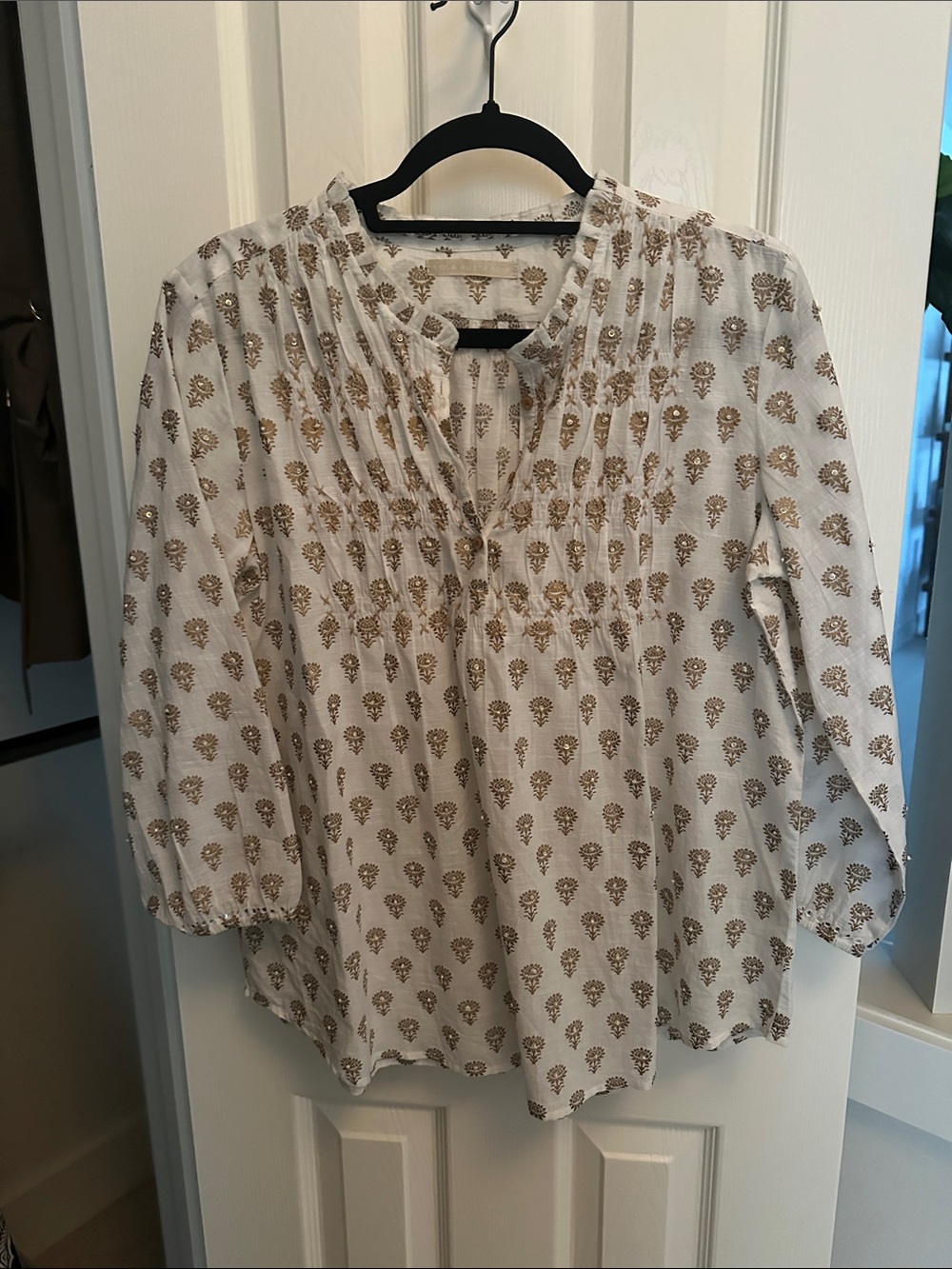 Cream Long-Sleeve Blouse with Gold Floral Print